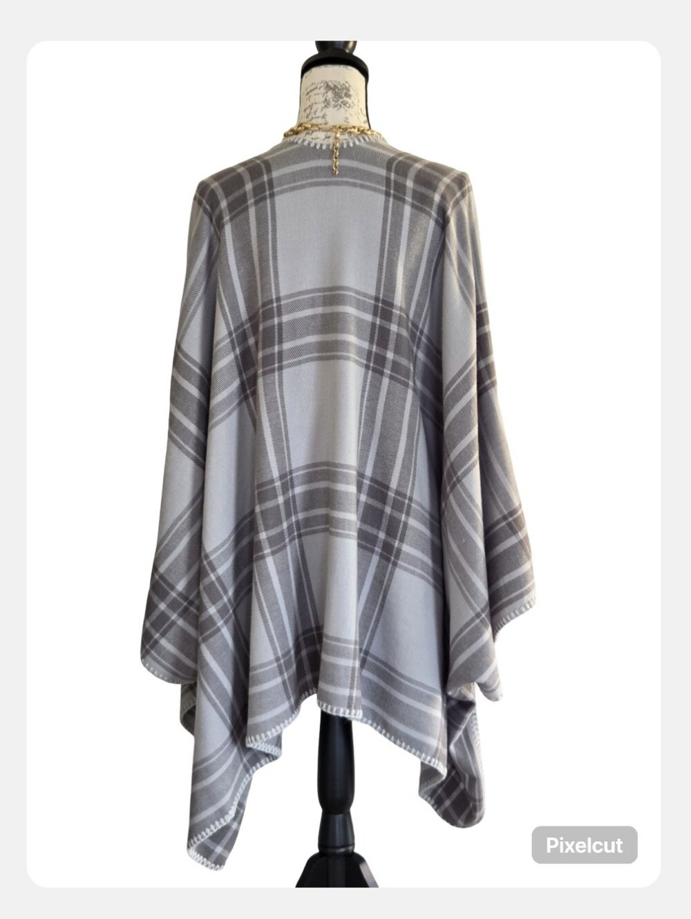 Grey Plaid Ruana. - Picture 2 of 9